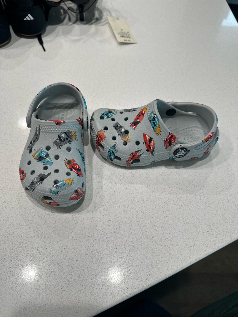 Kids' Light Gray Crocs Clogs with Race Car Print